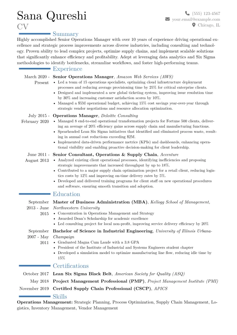 Senior Operations Manager Resume Example CV template preview