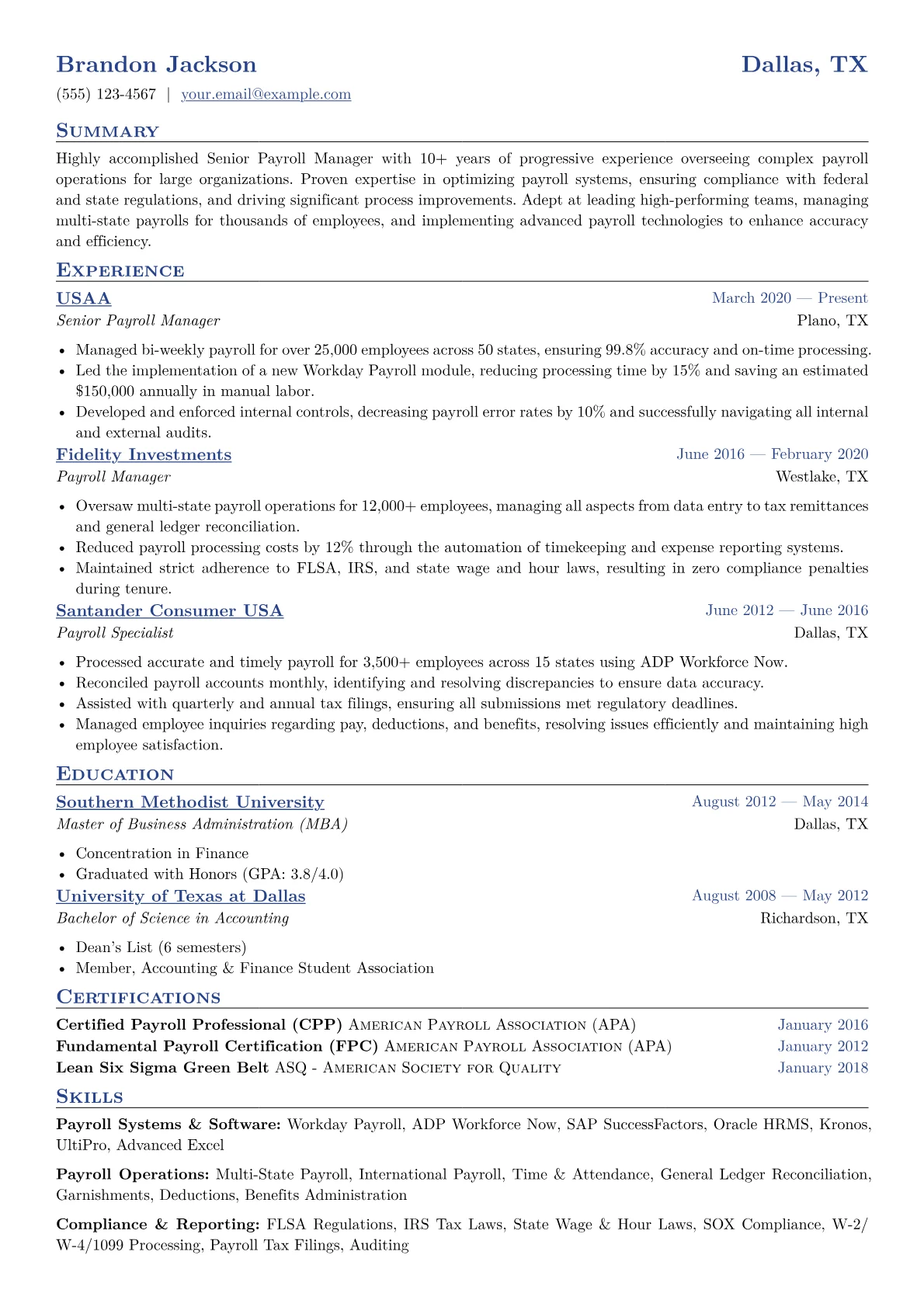 Senior Payroll Manager Resume Example CV template - Page 1