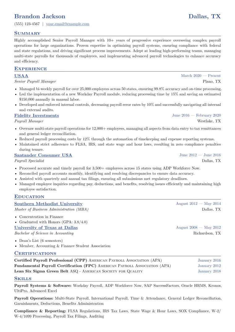 Senior Payroll Manager Resume Example CV template preview