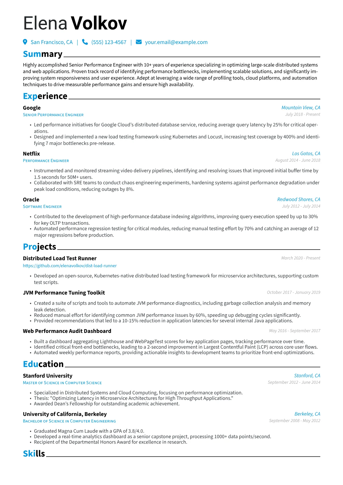 Senior Performance Engineer Resume Example CV template - Page 1