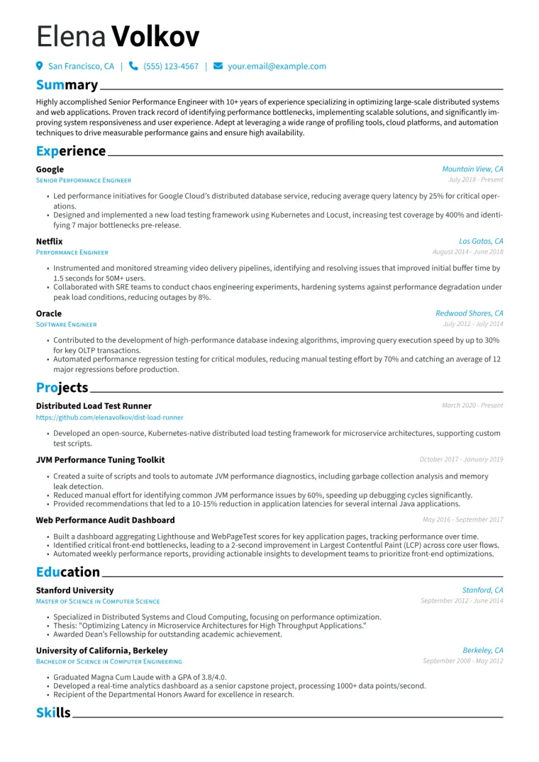 Senior Performance Engineer Resume Example CV template preview