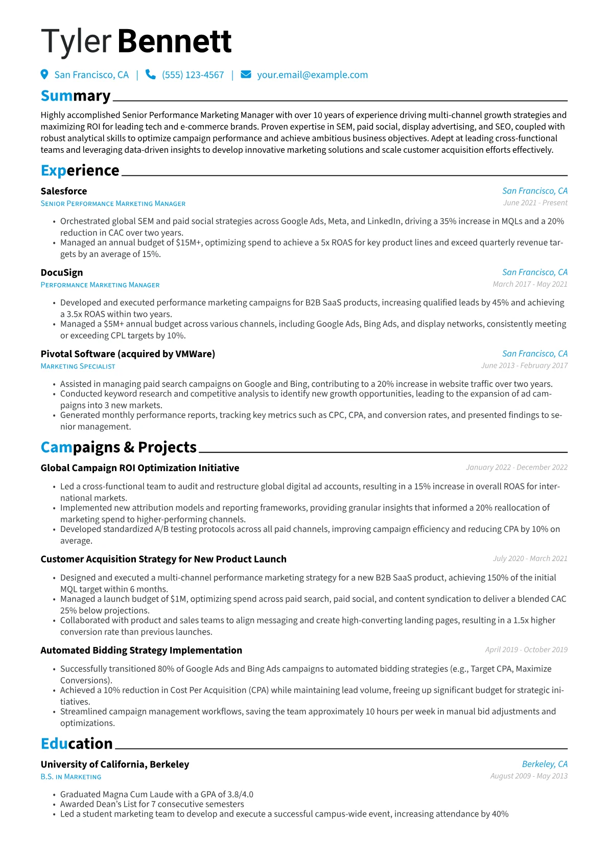 Senior Performance Marketing Manager Resume Example CV template - Page 1