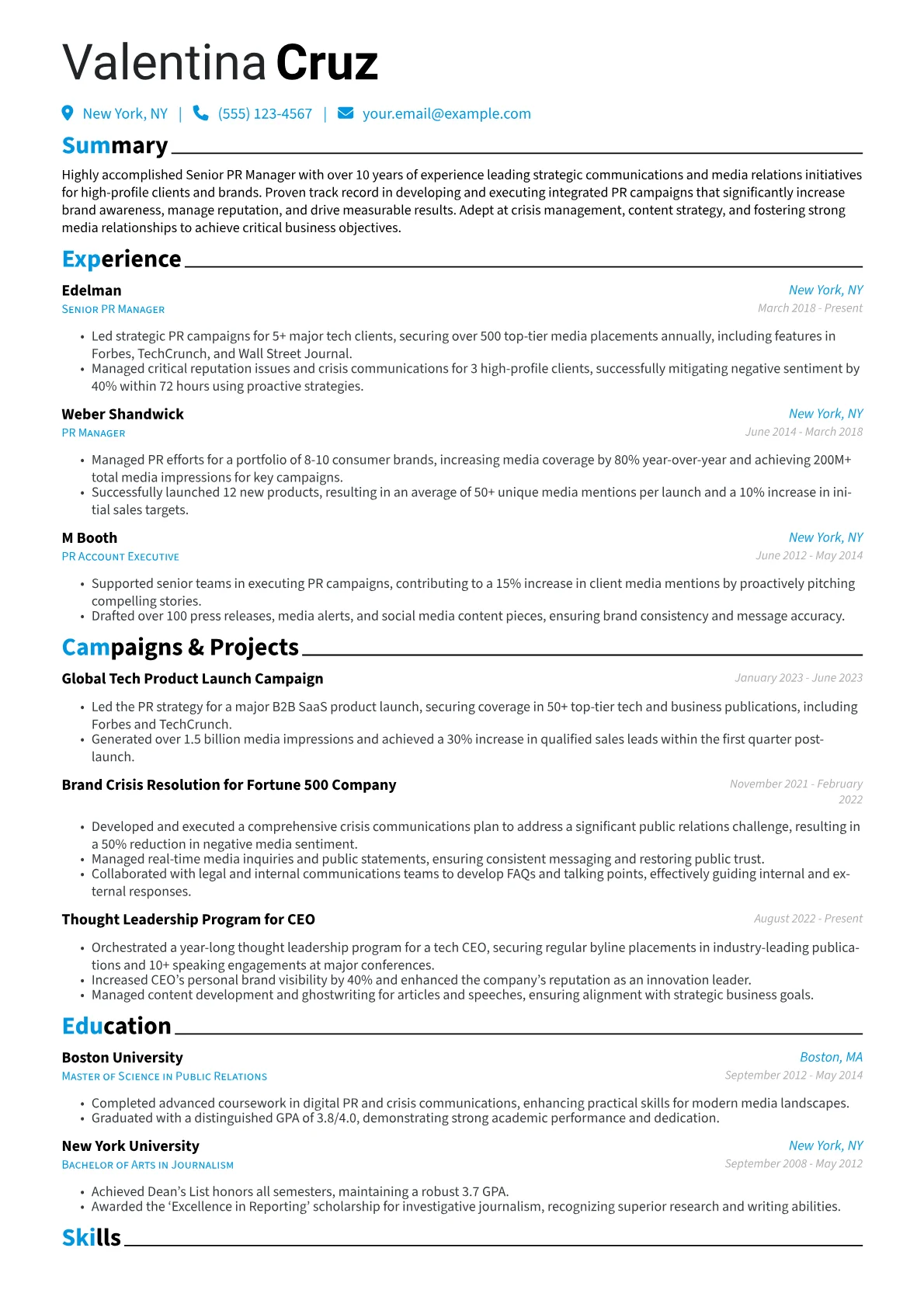 Senior PR Manager Resume Example CV template - Page 1