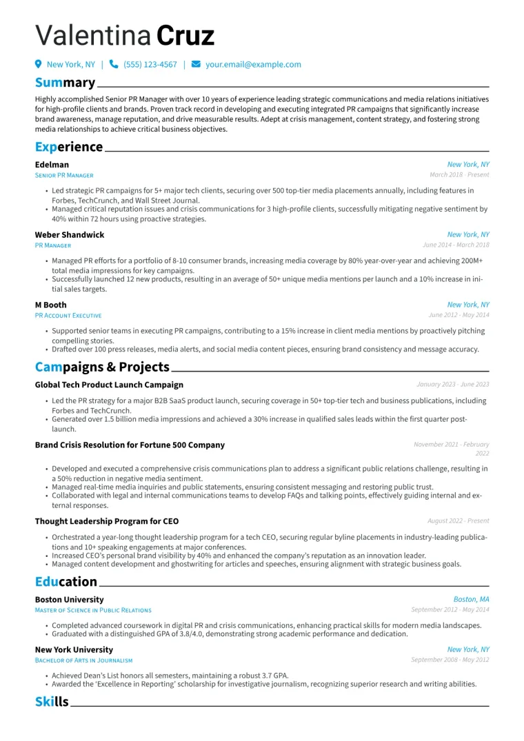 Senior PR Manager Resume Example CV template preview