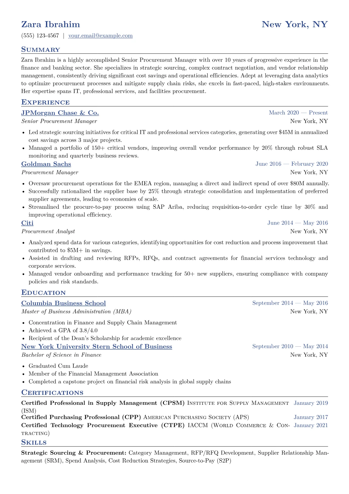 Senior Procurement Manager Resume Example CV template - Page 1