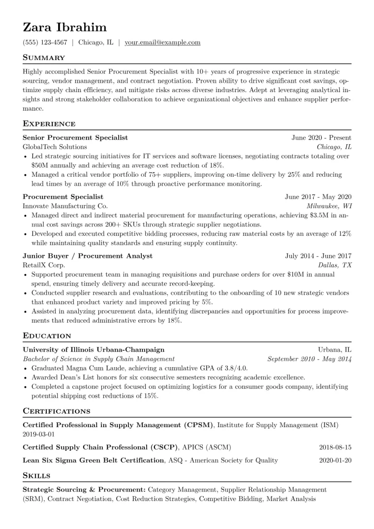 Senior Procurement Specialist Resume Example CV template preview