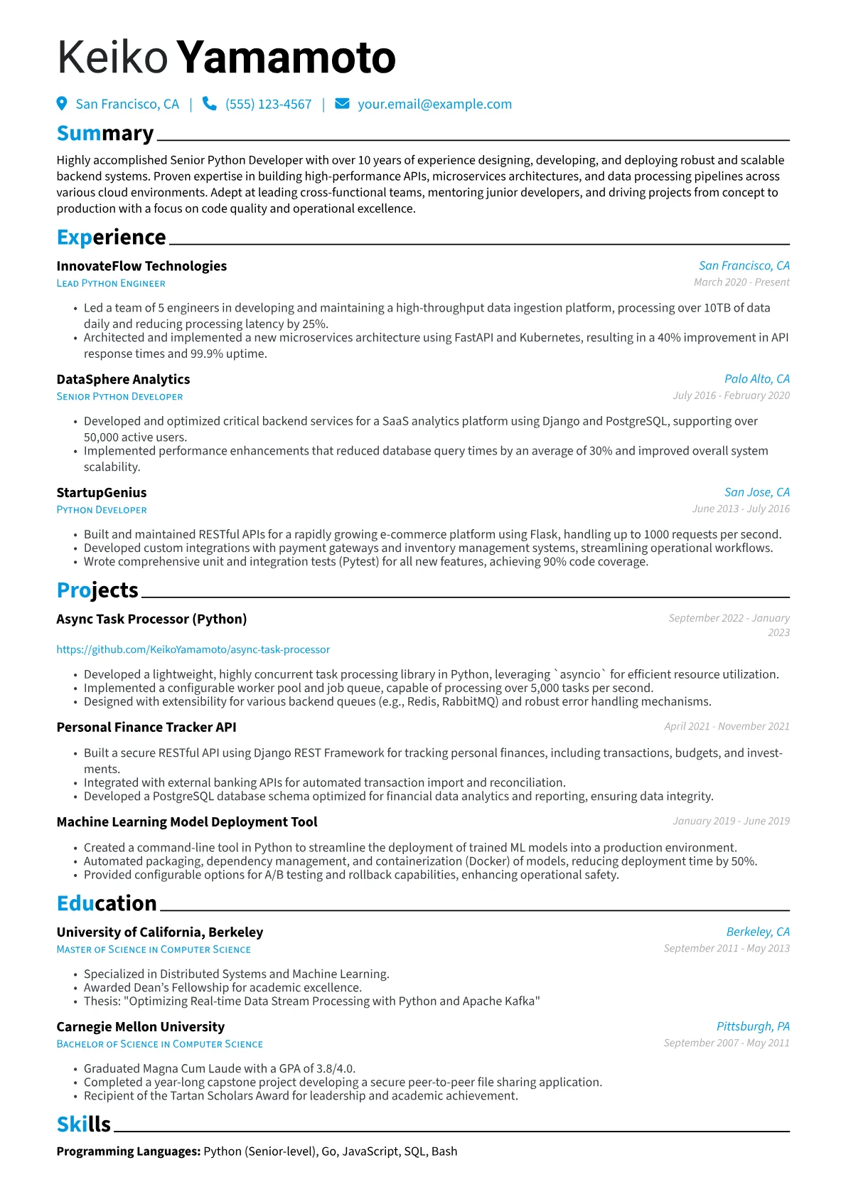 Senior Python Developer Resume Example CV template - Page 1