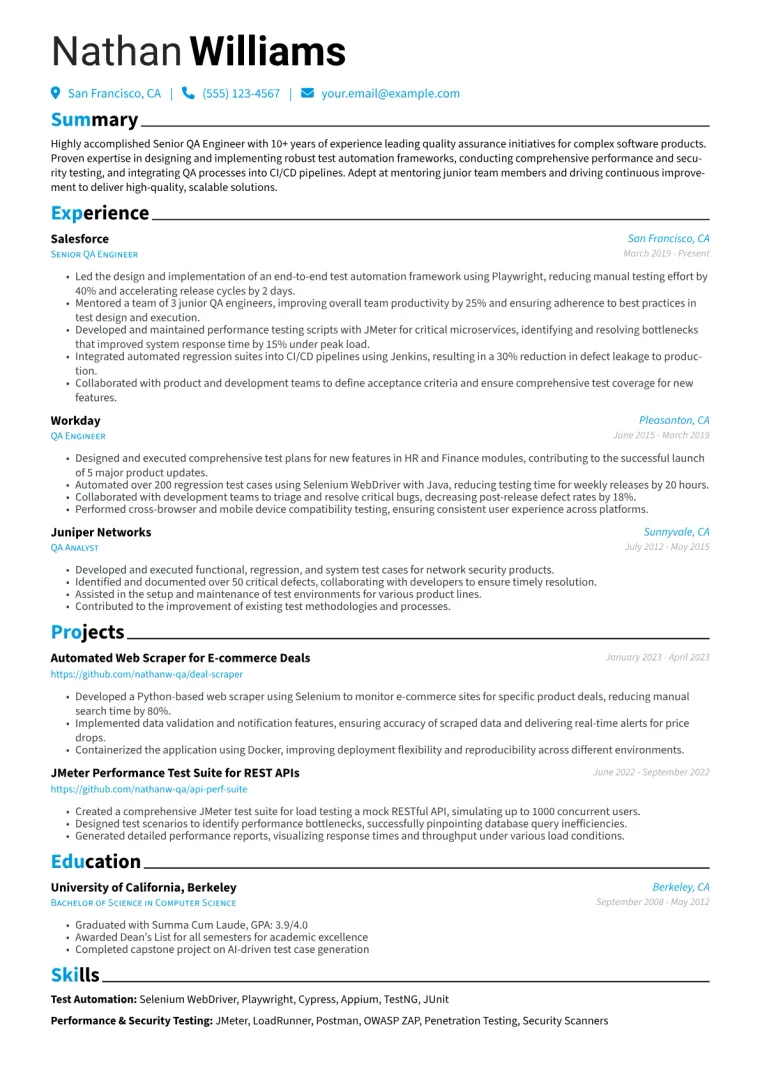 Senior QA Engineer Resume Example CV template preview