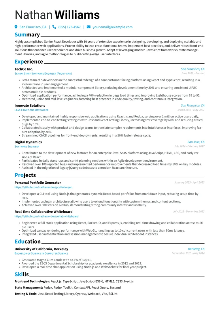 Senior React Developer Resume Example CV template preview