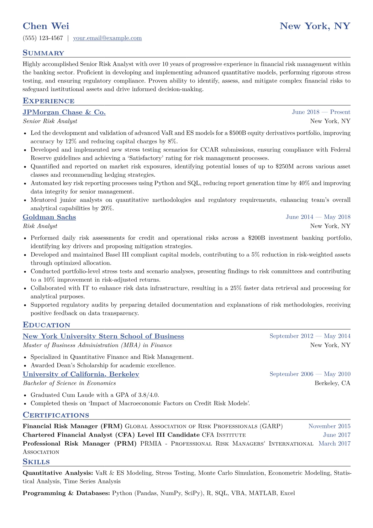Senior Risk Analyst Resume Example CV template - Page 1