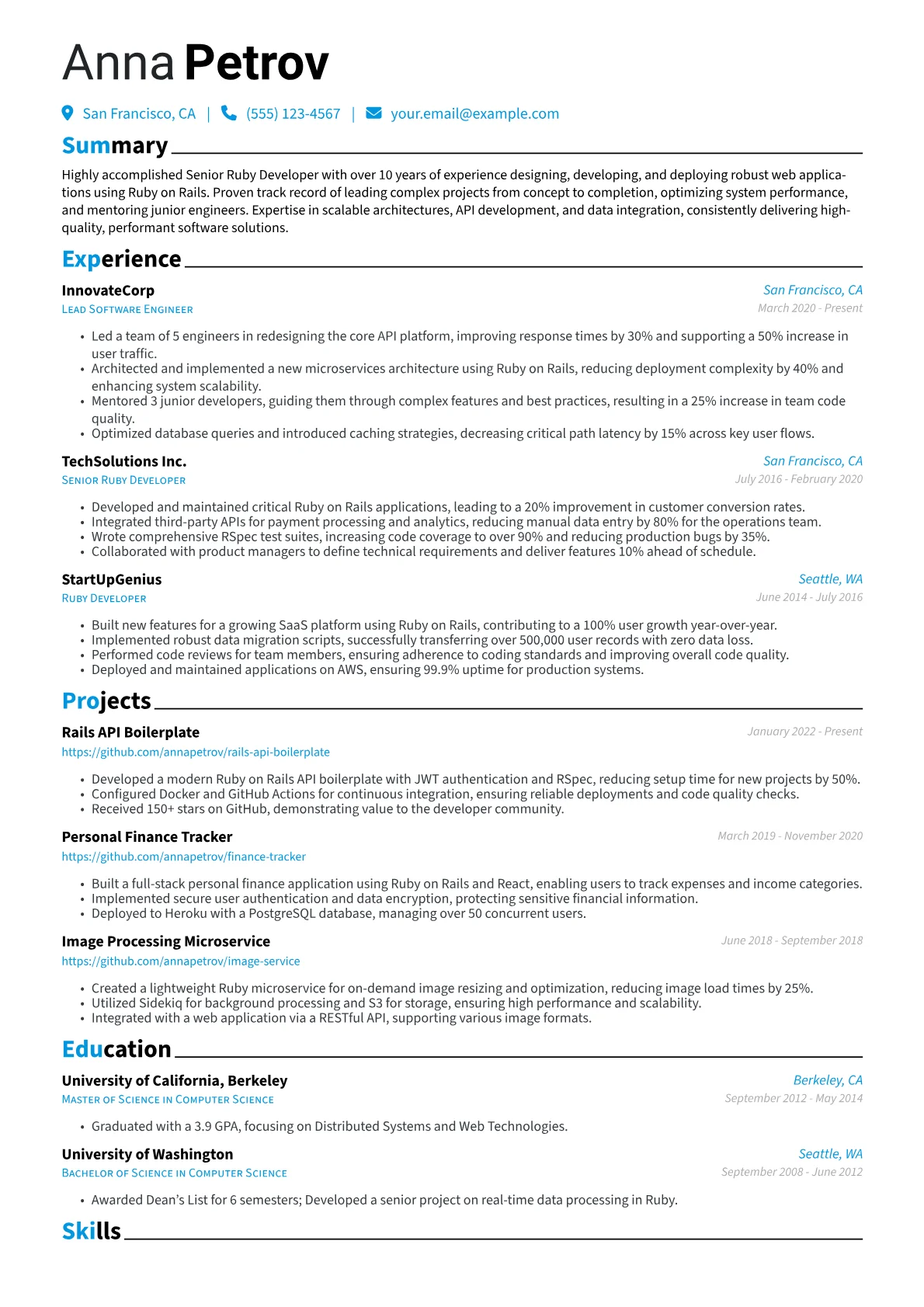 Senior Ruby Developer Resume Example CV template - Page 1