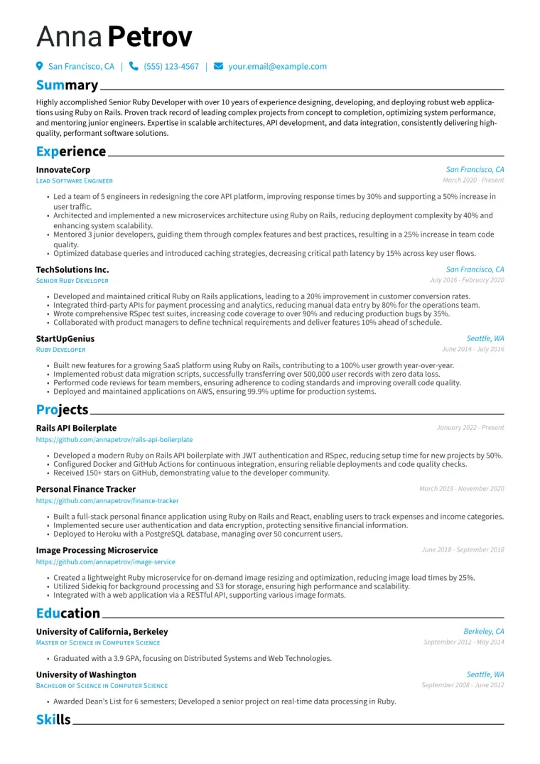Senior Ruby Developer Resume Example CV template preview
