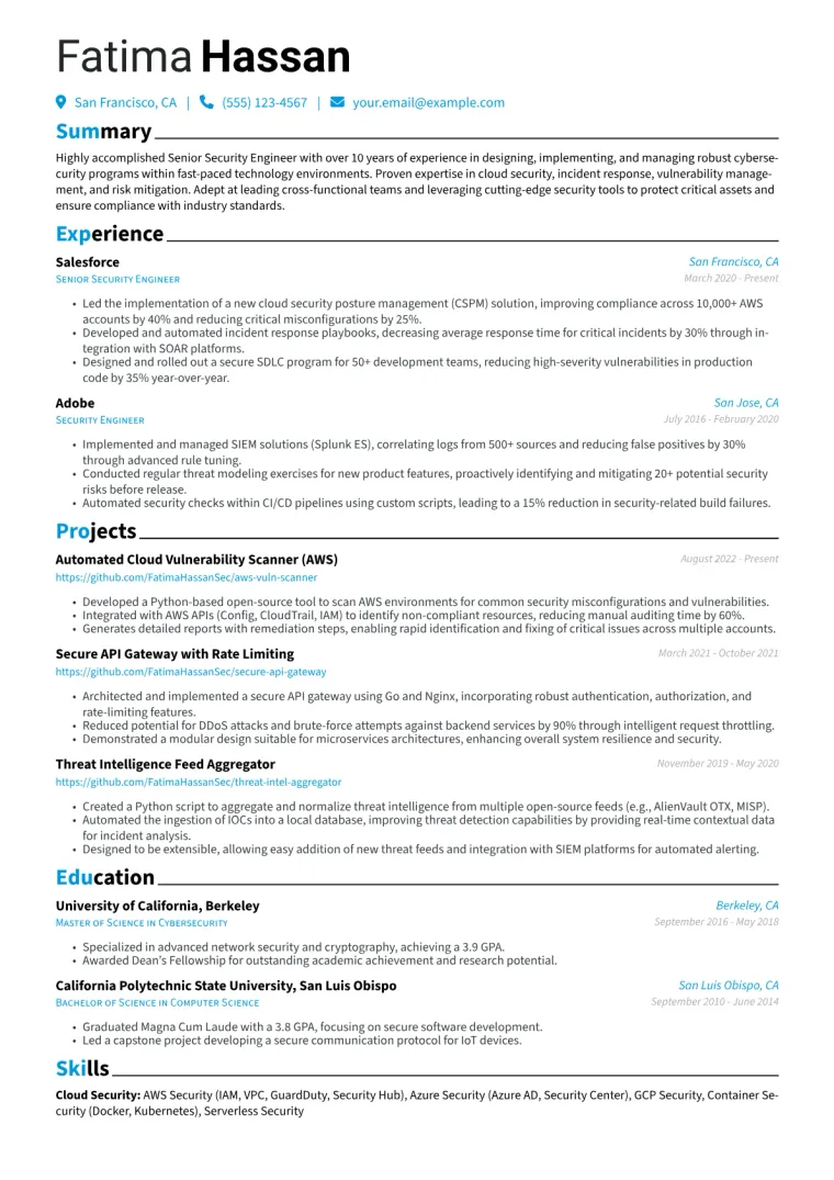 Senior Security Engineer Resume Example CV template preview