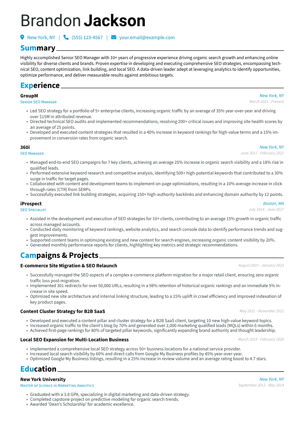Senior SEO Manager Resume Example CV template - Page 1