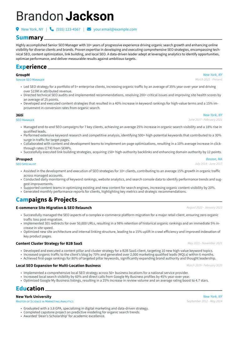 Senior SEO Manager Resume Example CV template preview