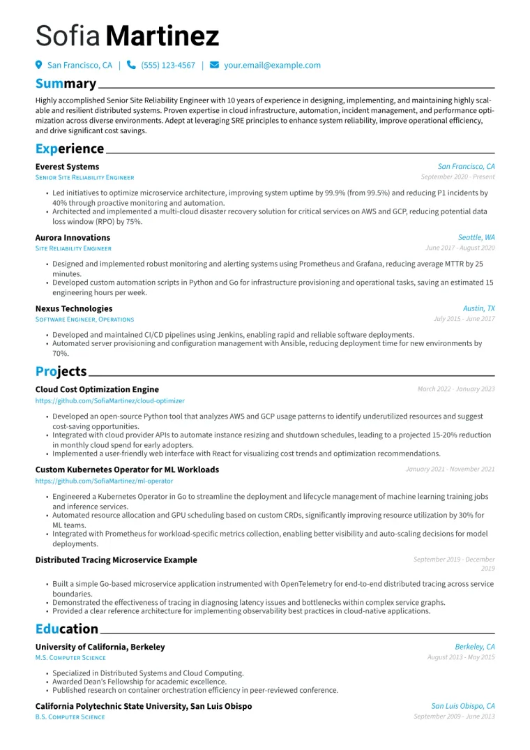 Senior Site Reliability Engineer Resume Example CV template preview