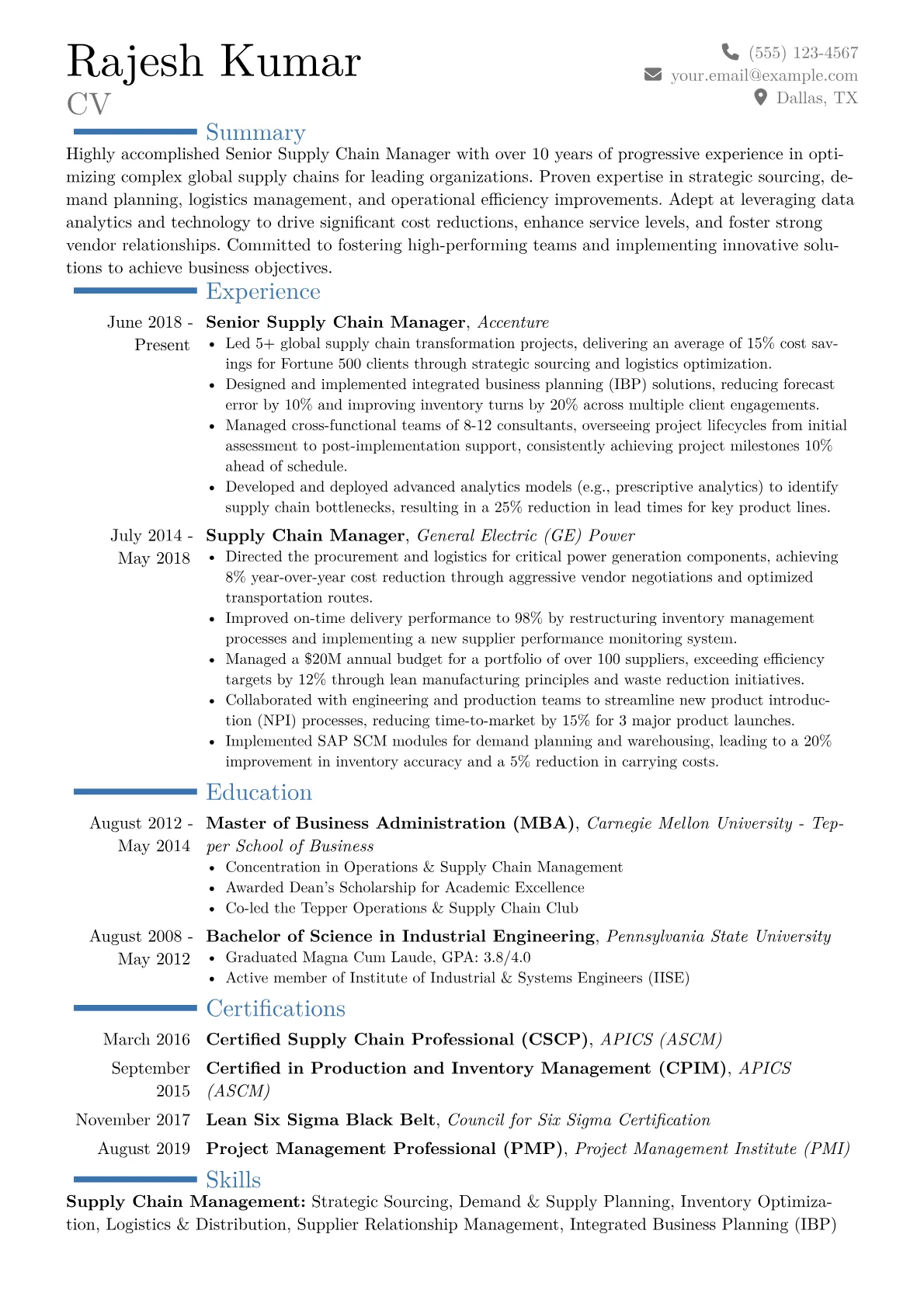 Senior Supply Chain Manager Resume Example CV template - Page 1
