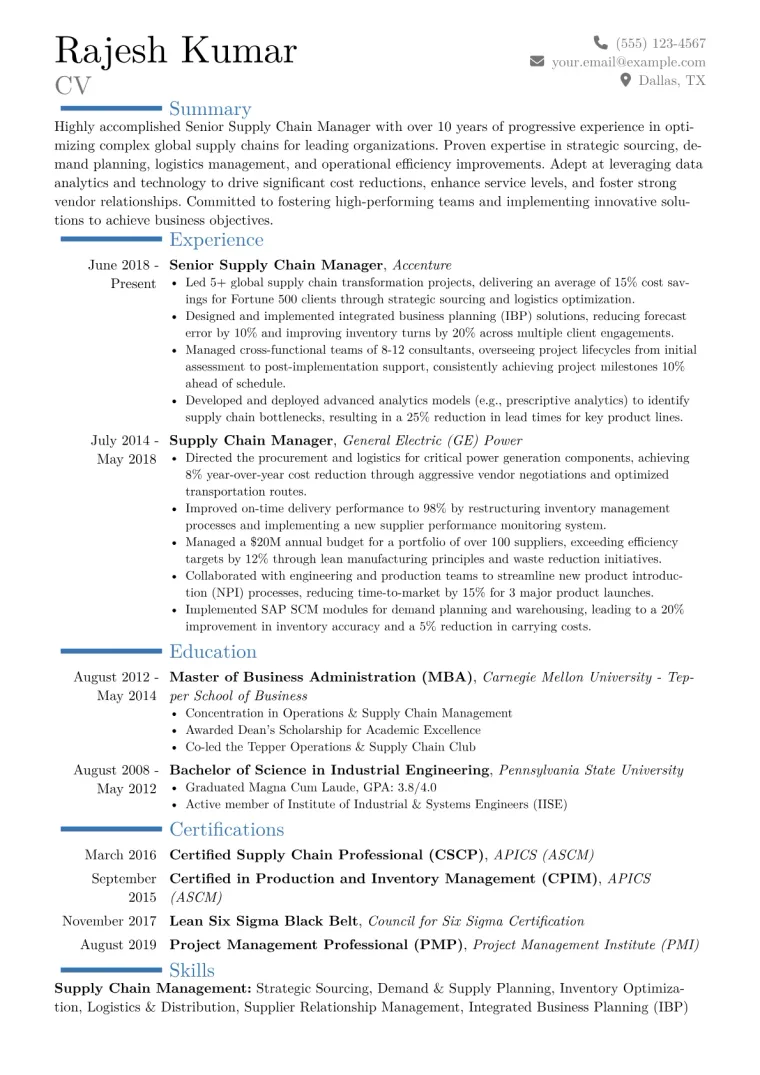 Senior Supply Chain Manager Resume Example CV template preview