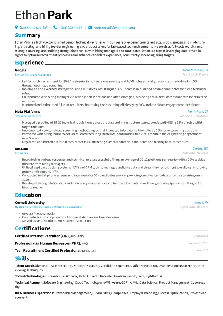 Senior Technical Recruiter Resume Example CV template preview