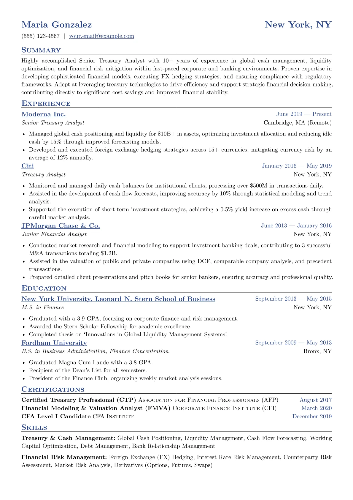 Senior Treasury Analyst Resume Example CV template - Page 1