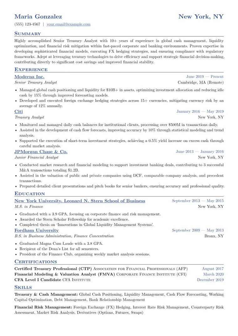 Senior Treasury Analyst Resume Example CV template preview