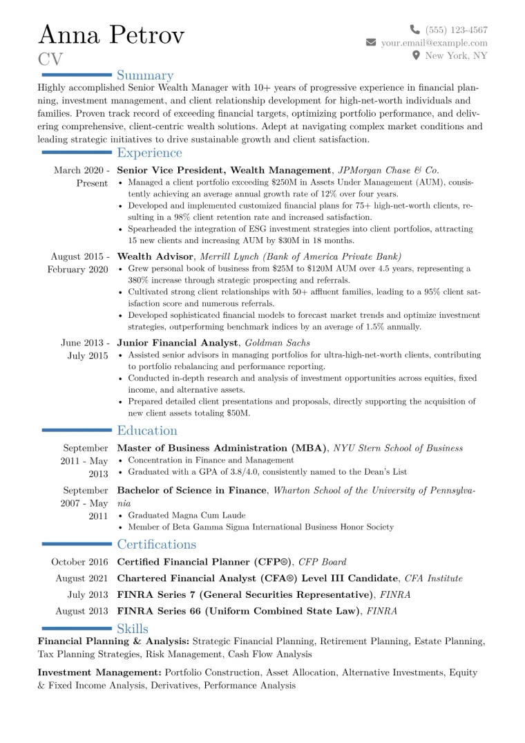 Senior Wealth Manager Resume Example CV template preview