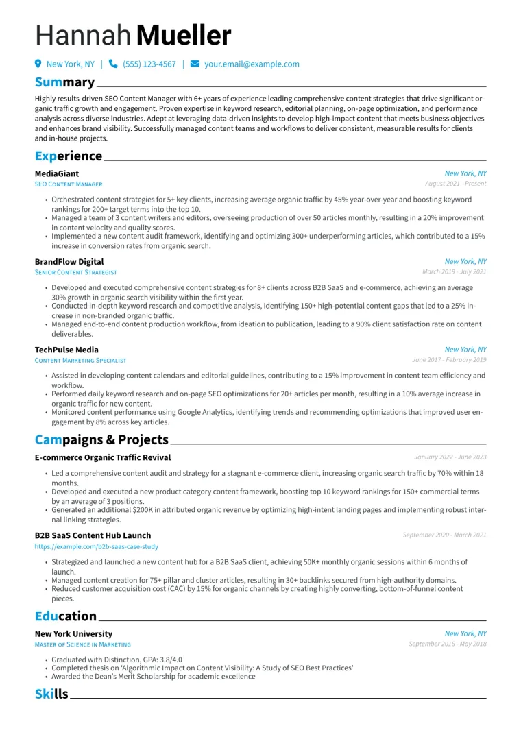SEO Content Manager Resume Example CV template preview