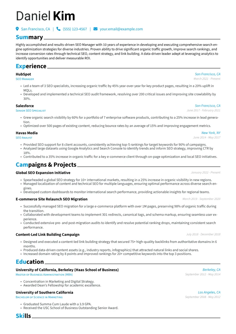 SEO Manager Resume Example CV template preview