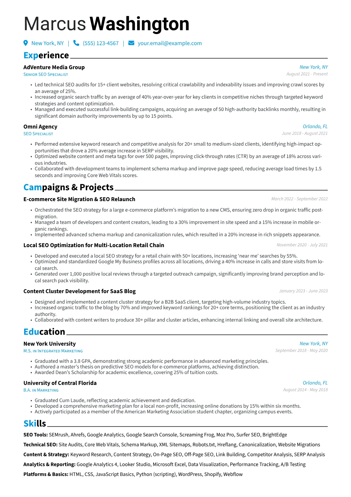 SEO Specialist Resume Example CV template - Page 1