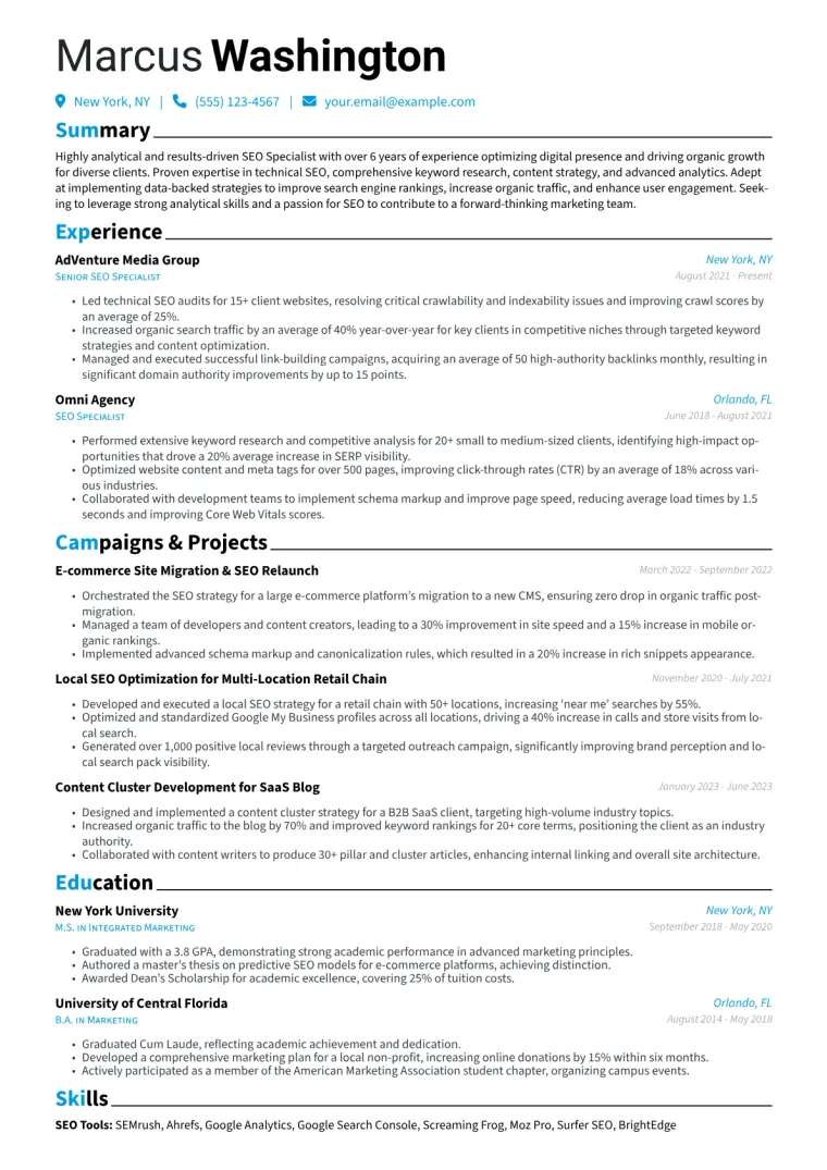 SEO Specialist Resume Example CV template preview