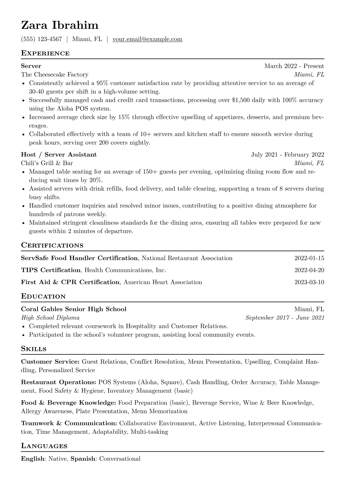 Server Resume Example CV template - Page 1