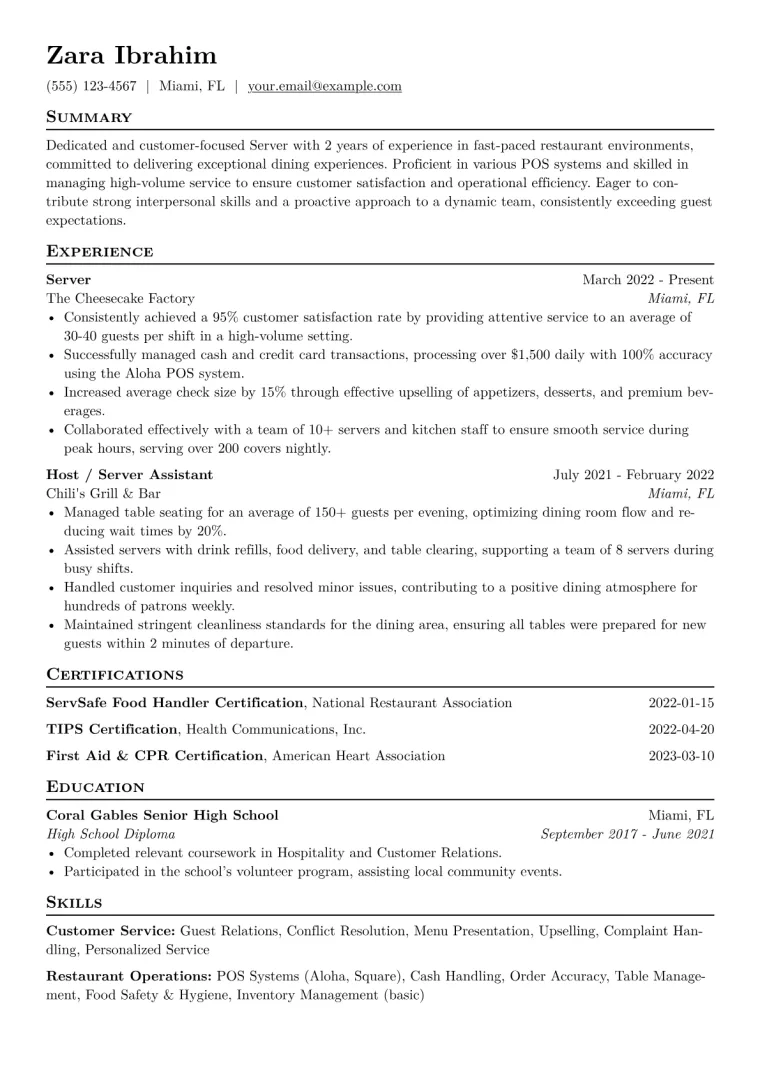 Server Resume Example