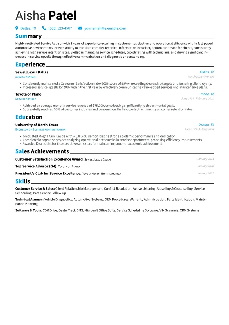 Service Advisor Resume Example CV template preview