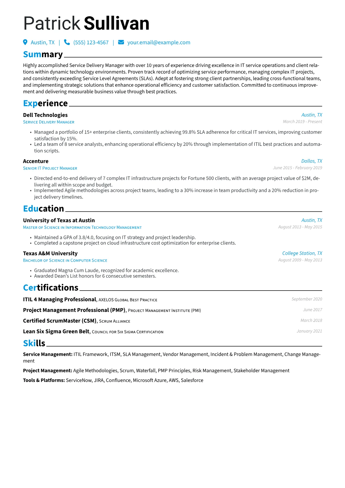 Service Delivery Manager Resume Example CV template - Page 1