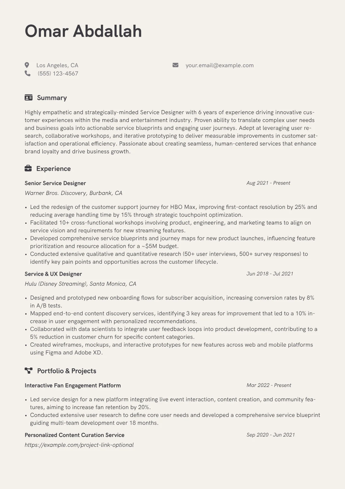 Service Designer Resume Example CV template - Page 1