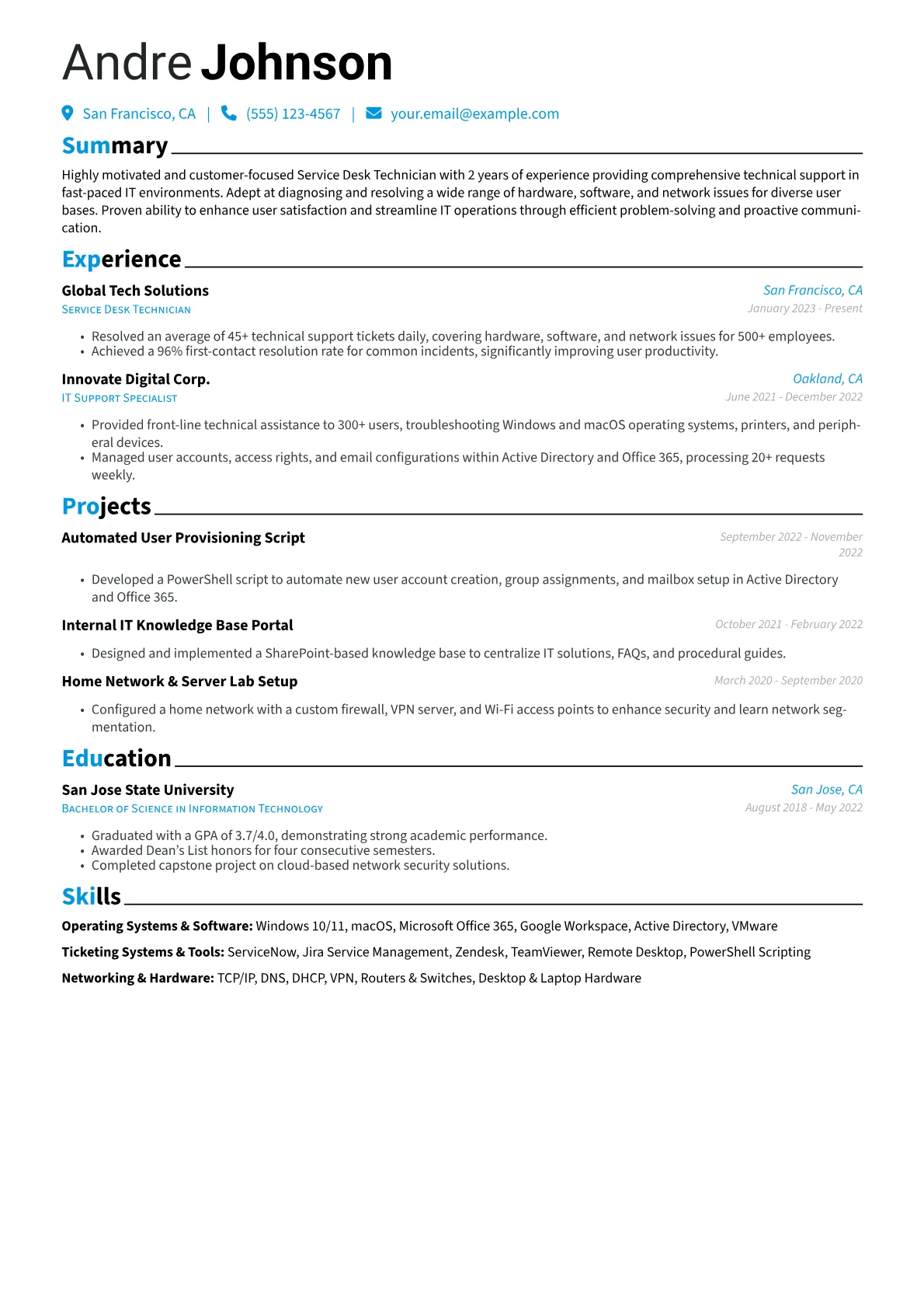 Service Desk Technician Resume Example CV template - Page 1