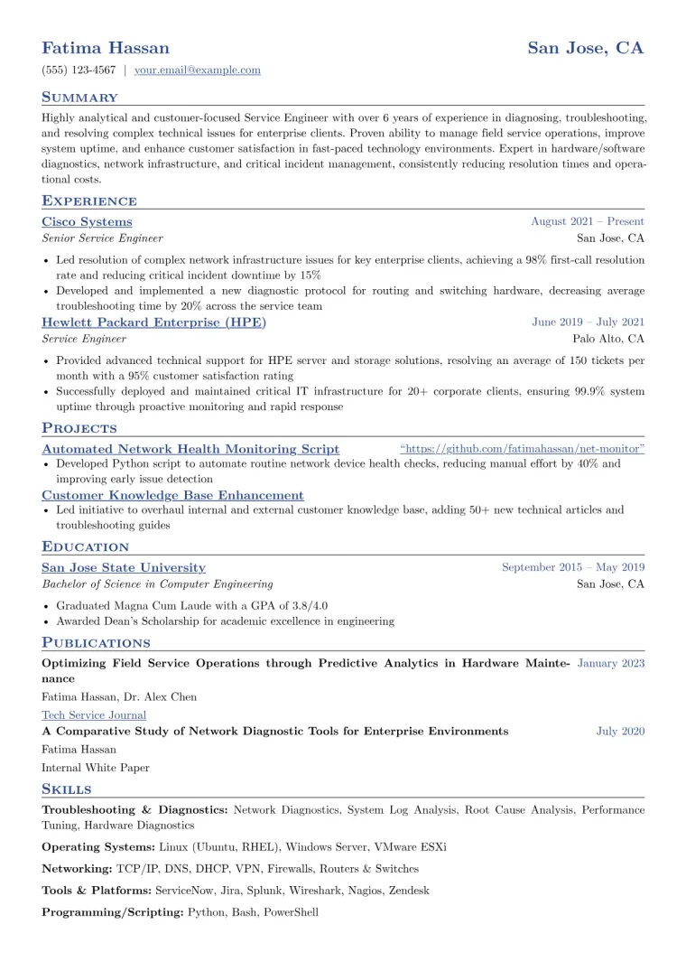 Service Engineer Resume Example CV template preview