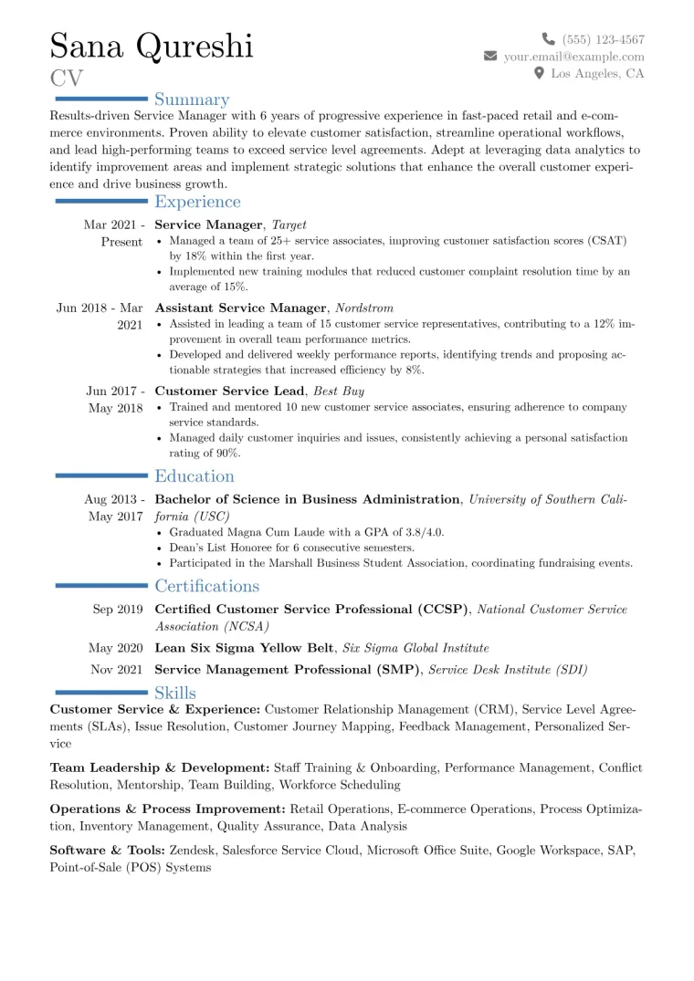 Service Manager Resume Example CV template preview