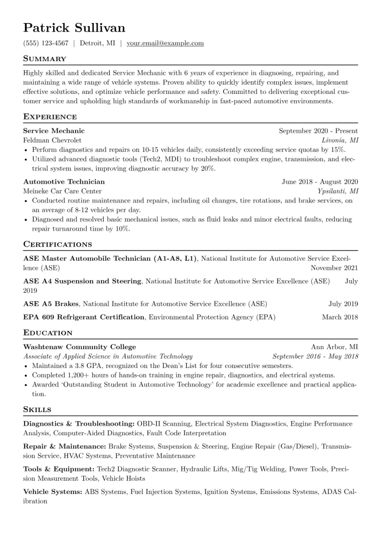 Service Mechanic Resume Example CV template preview