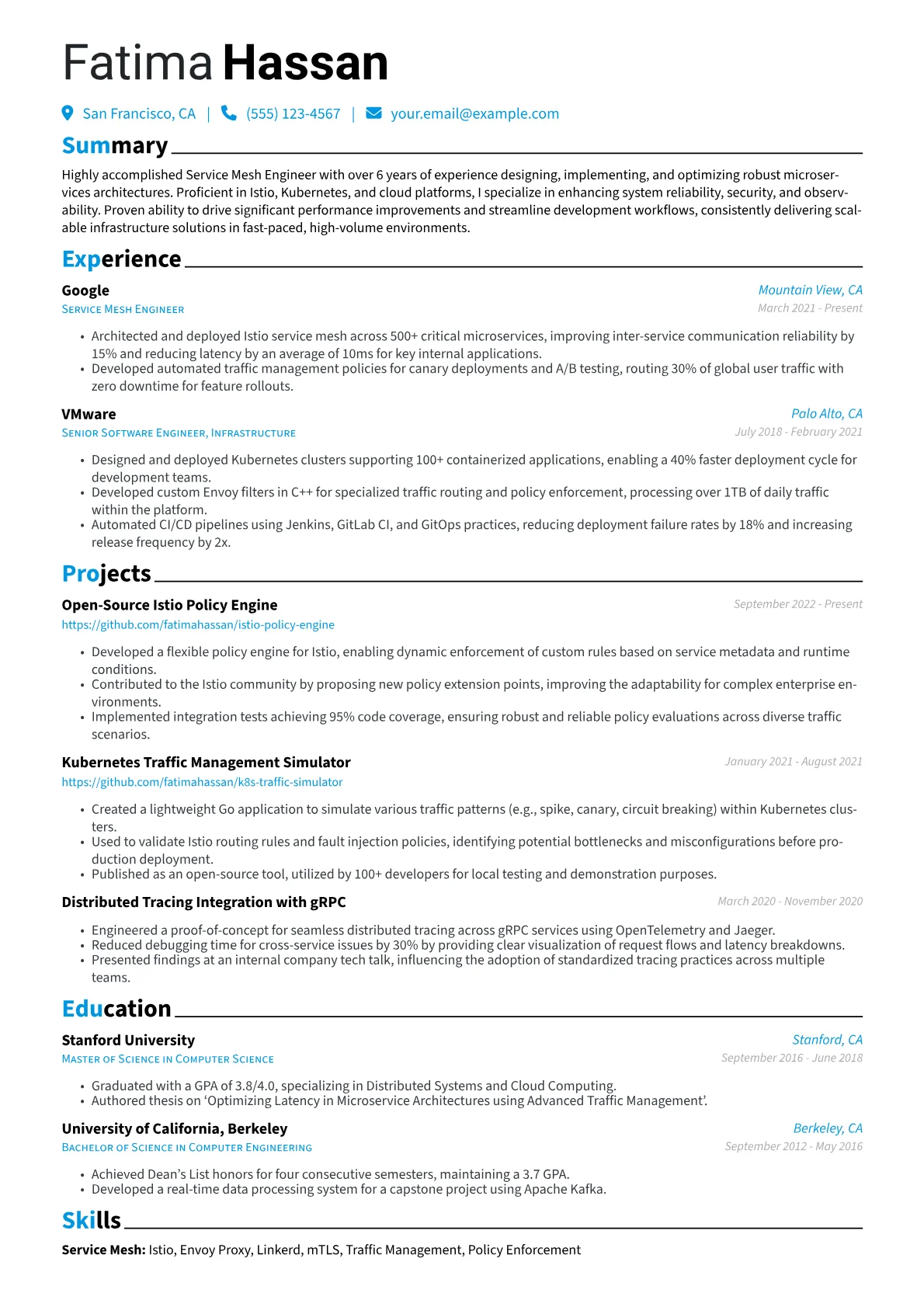 Service Mesh Engineer Resume Example CV template - Page 1