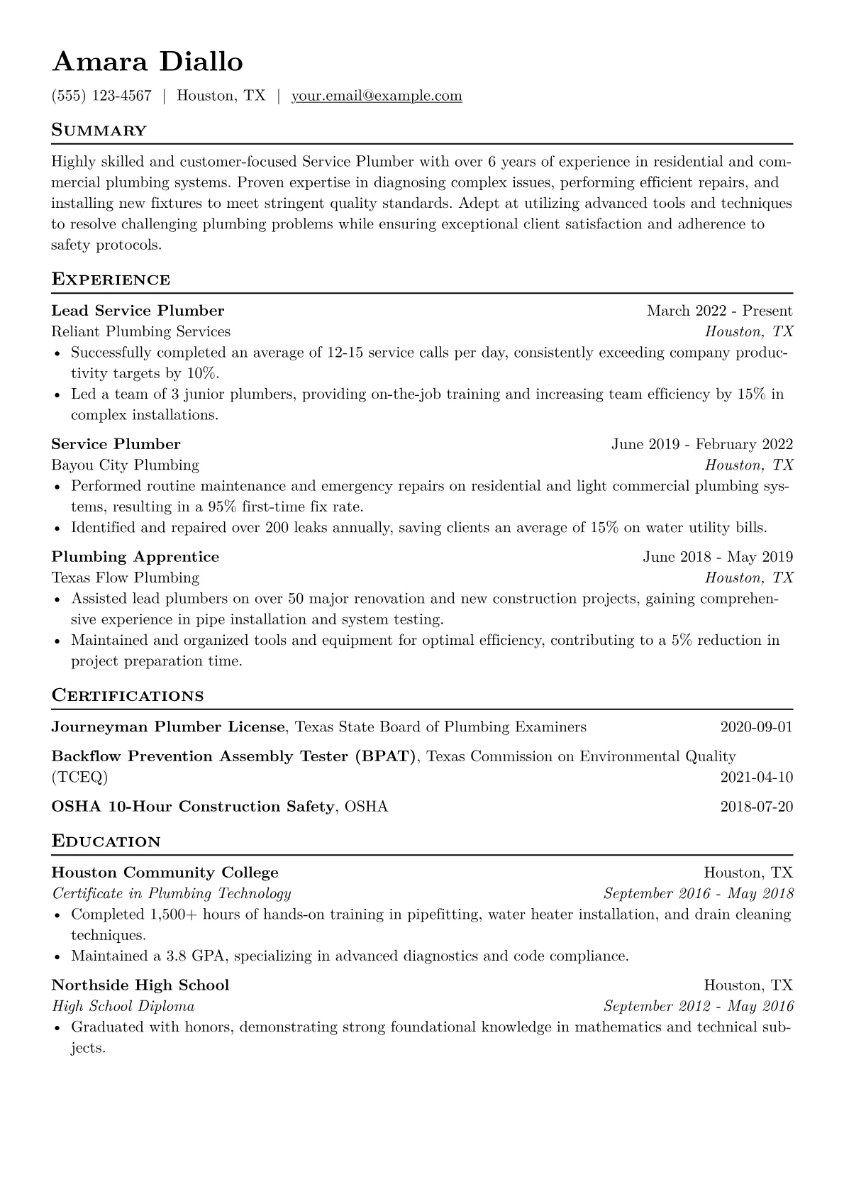Service Plumber Resume Example CV template - Page 1