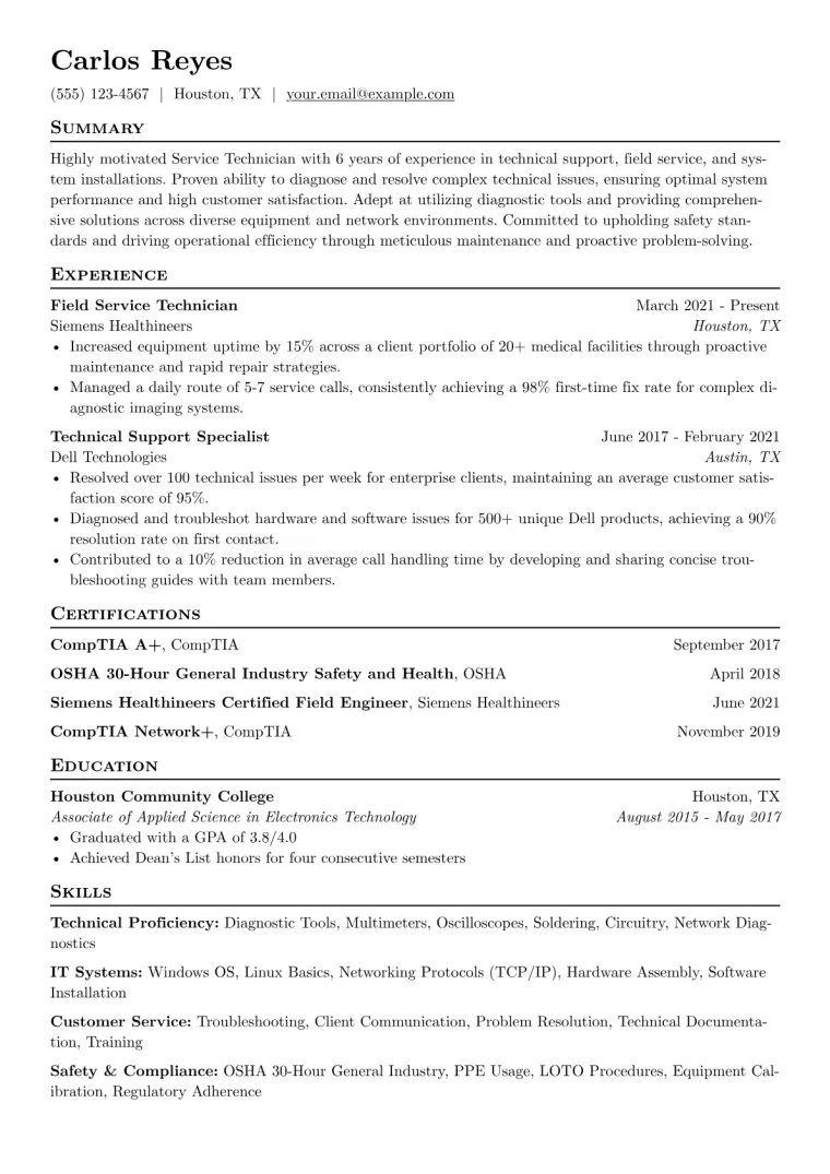 Service Technician Resume Example CV template preview