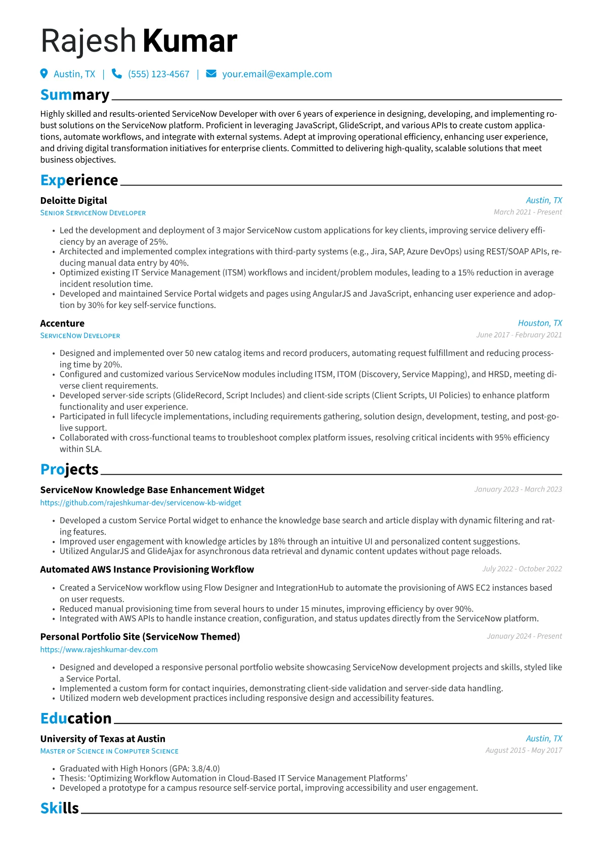 ServiceNow Developer Resume Example CV template - Page 1