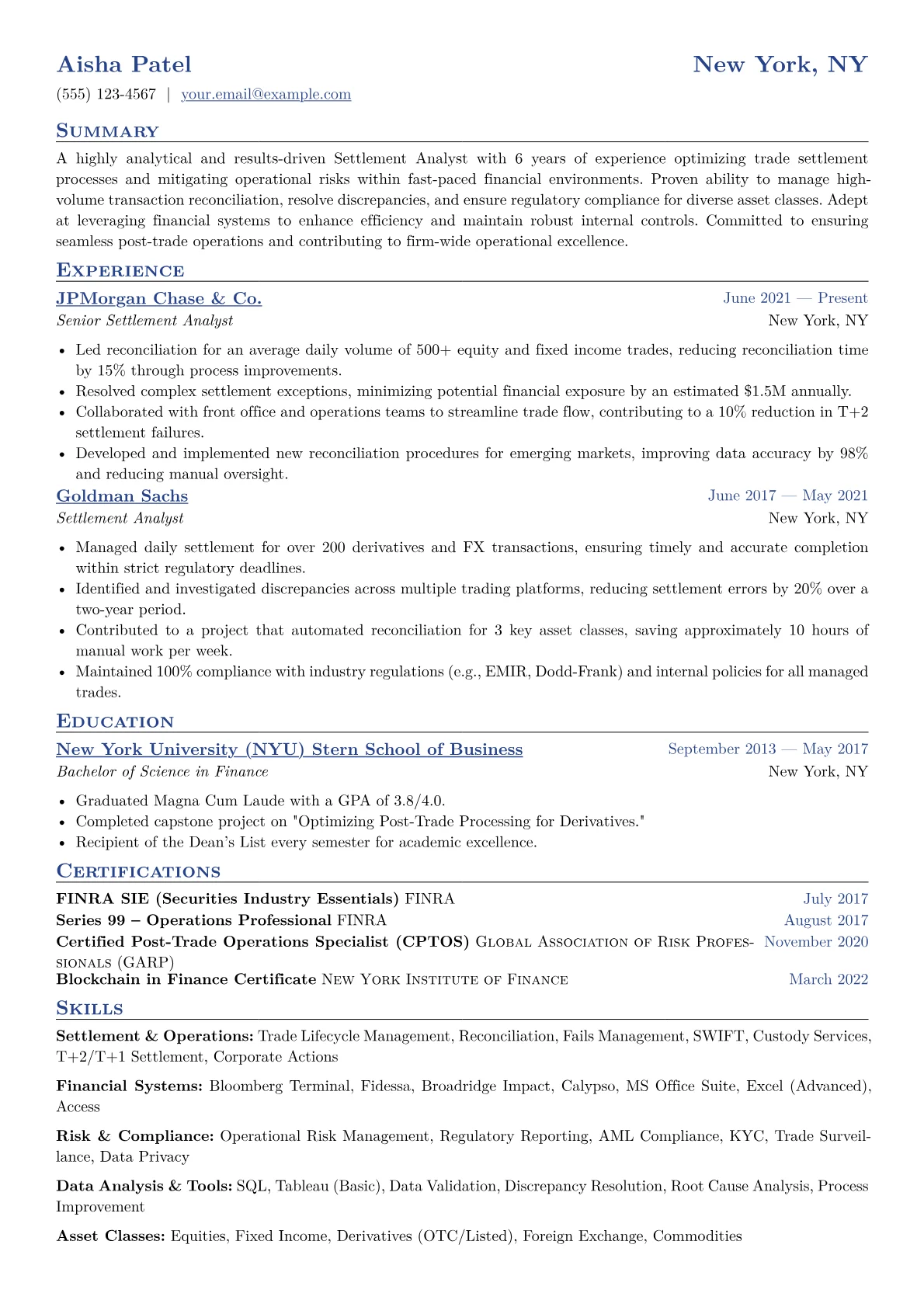 Settlement Analyst Resume Example CV template - Page 1