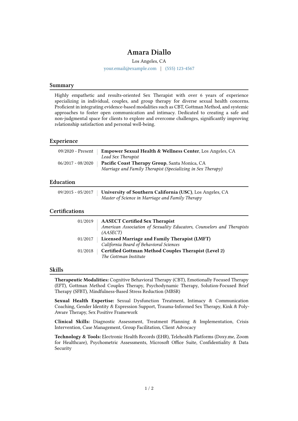 Sex Therapist Resume Example CV template - Page 1