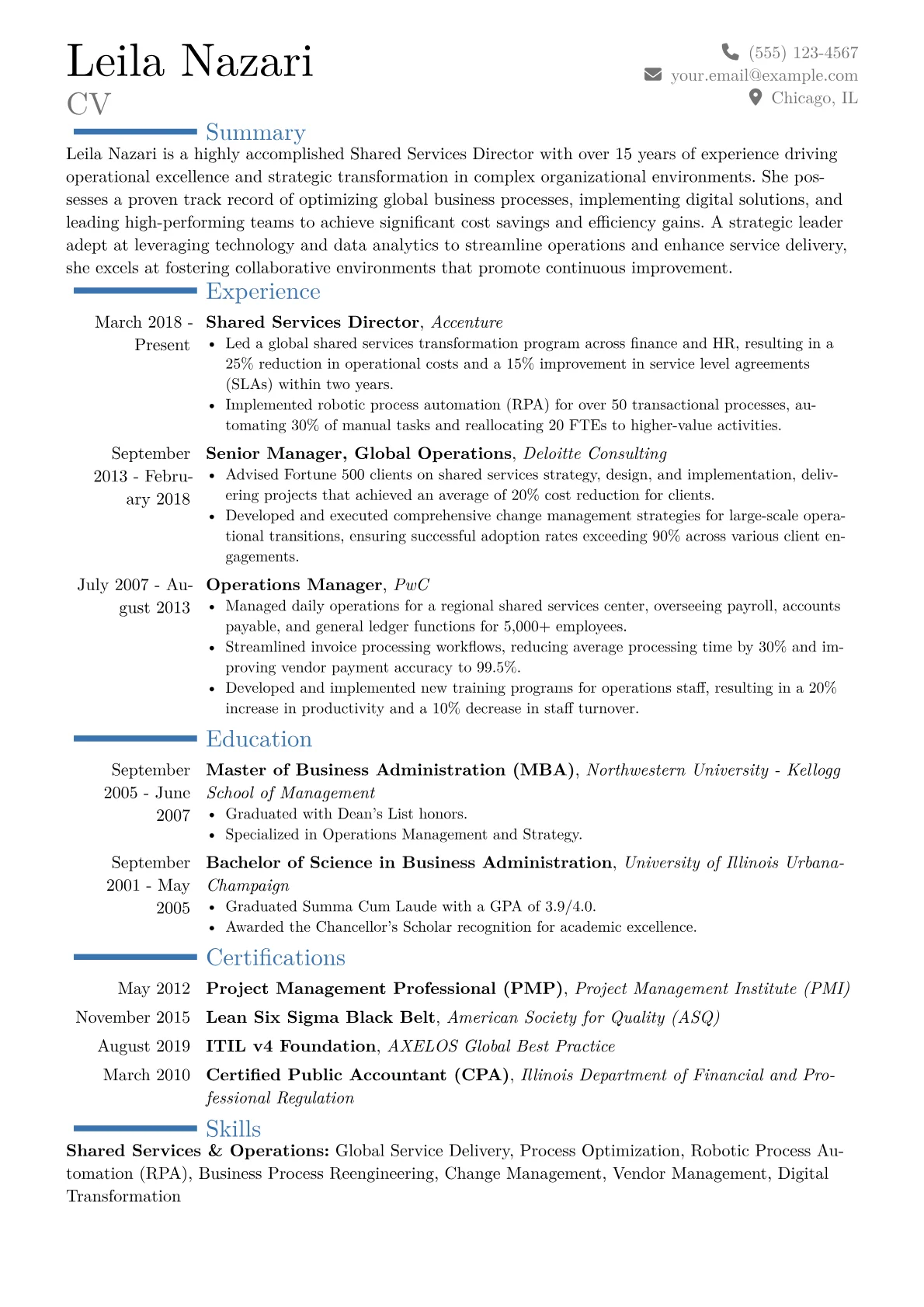 Shared Services Director Resume Example CV template - Page 1
