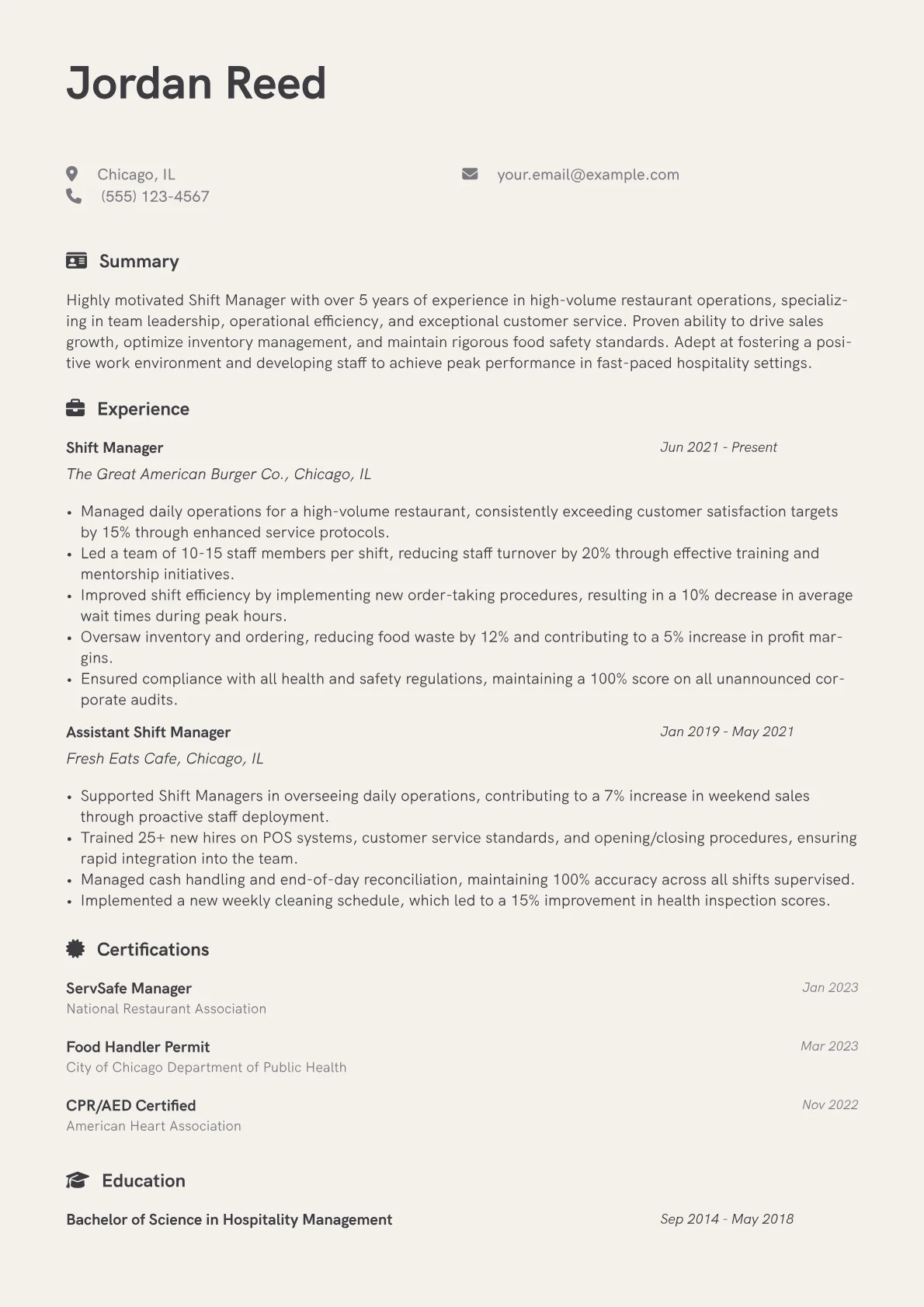 Shift Manager Restaurant Resume Example CV template - Page 1