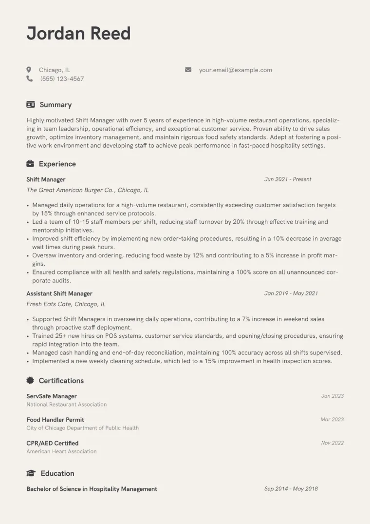 Shift Manager Restaurant Resume Example CV template preview