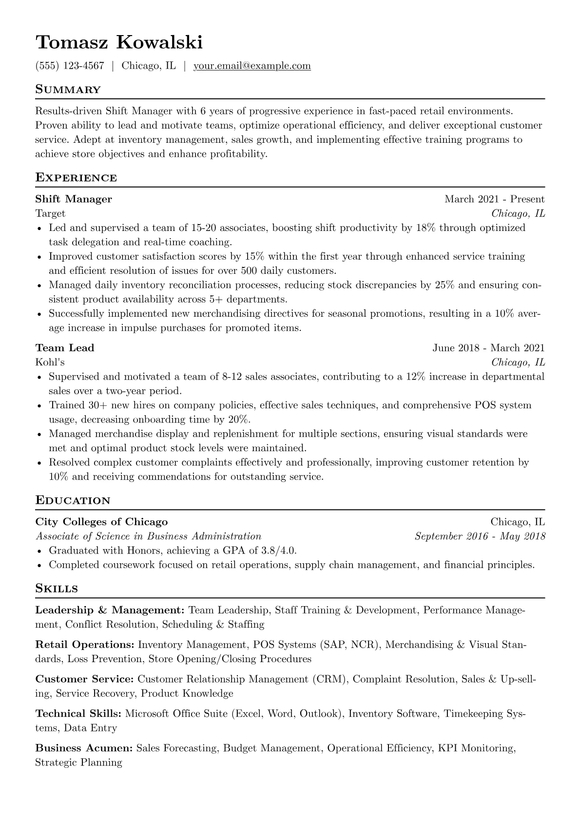 Shift Manager Resume Example CV template - Page 1