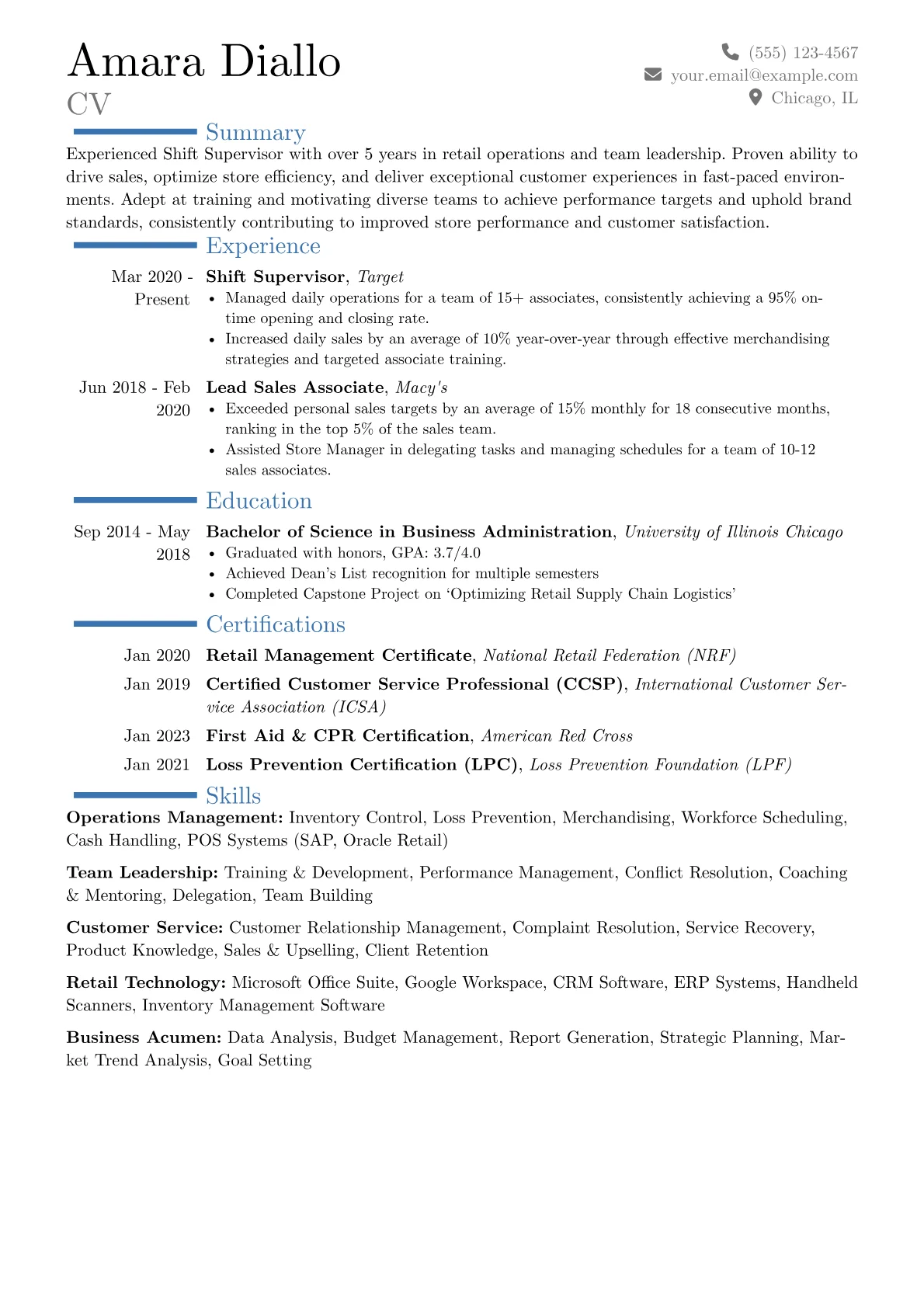 Shift Supervisor Resume Example CV template - Page 1